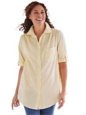 Woman Within Seersucker Yellow Striped Button-Up Women's Shirt 4X